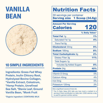 Ballerina Farm Grass Fed Whey Protein Powder, 24g Protein with Collagen Peptides, Bovine Colostrum, Hemp Hearts & Prebiotic Fiber, No Artificial Ingredients